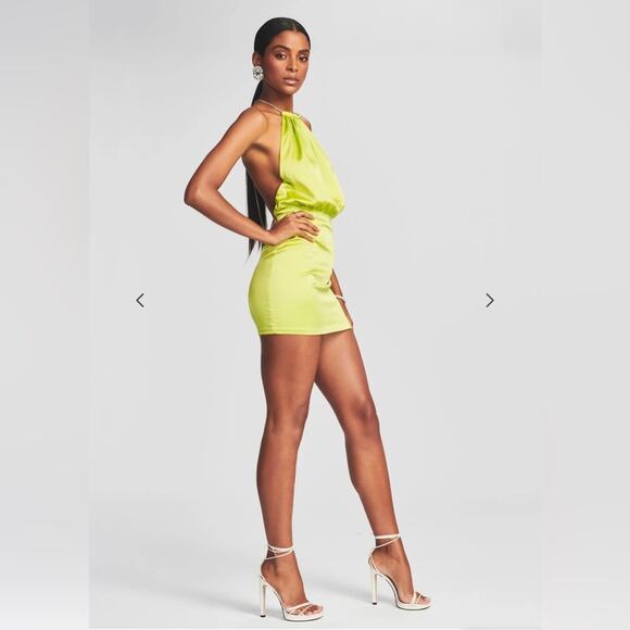 RETROFETE Anahita Silk Dress Mini Cocktail Halter Jewel Strap Neon Yellow NEW - Picture 3 of 10